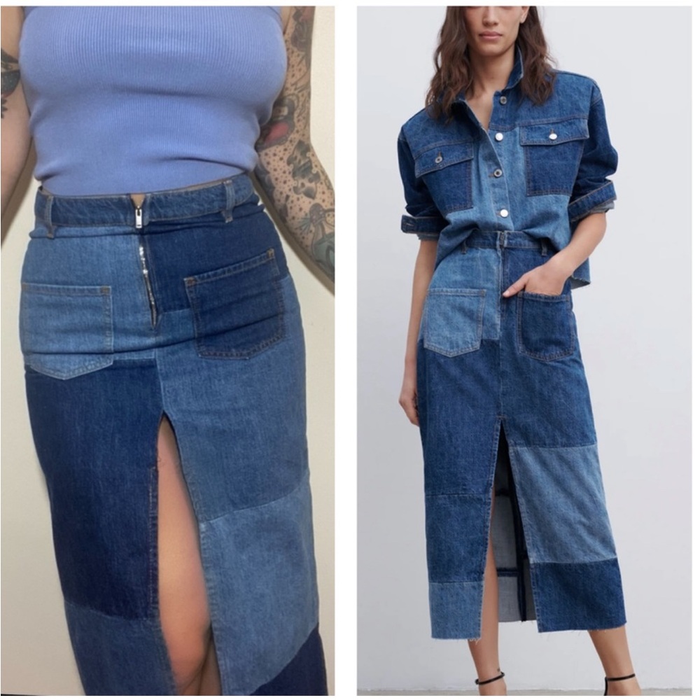 Zara Denim Patchwork Long Blue Skirt - Picture 2 of 7
